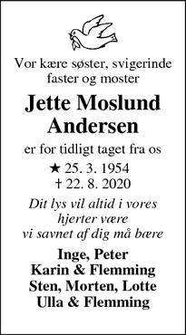 Dødsannoncen for Jette Moslund Andersen - Kolding