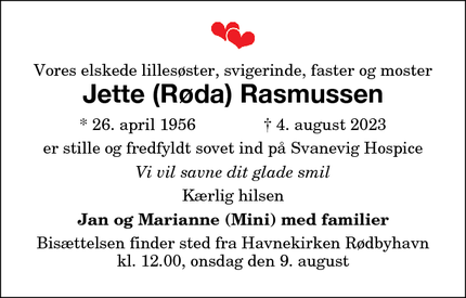 Dødsannoncen for Jette (Røda) Rasmussen - Maribo