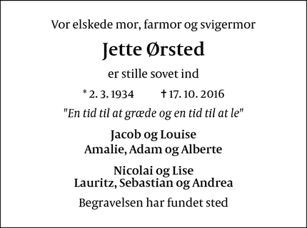 Dødsannoncen for Jette Ørsted - Frederiksberg