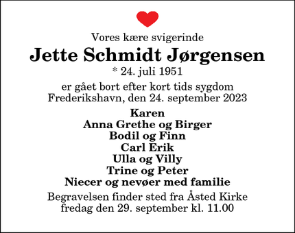 Dødsannoncen for Jette Schmidt Jørgensen - Aalborg Øst