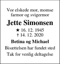 Dødsannoncen for Jette Simonsen - Rødding