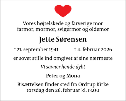 Dødsannoncen for Jette S&oslash;rensen - Ordrup
