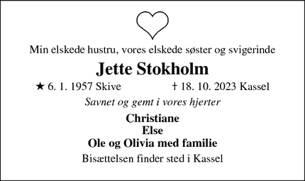 Dødsannoncen for Jette Stokholm - Kassel 