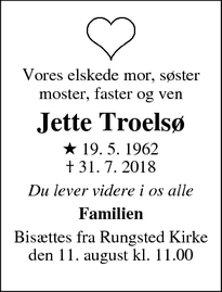 Dødsannoncen for Jette Troelsø - Lillerød
