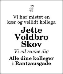 Dødsannoncen for Jette Voldbro Skov - Nørresundby