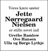 Dødsannoncen for Jette
NørregaardNielsen - Sæby