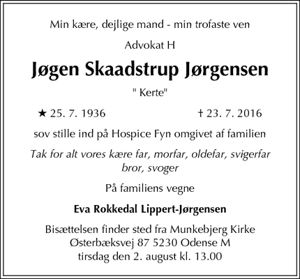 Dødsannoncen for Jøgen Skaadstrup Jørgensen - Odense M