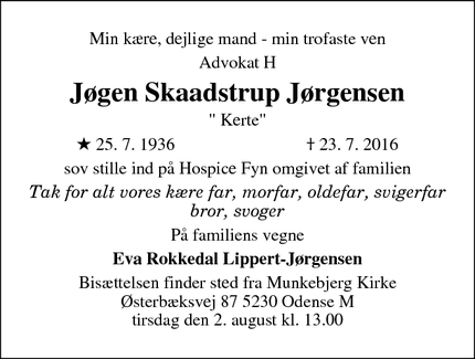 Dødsannoncen for Jøgen Skaadstrup Jørgensen - Odense M