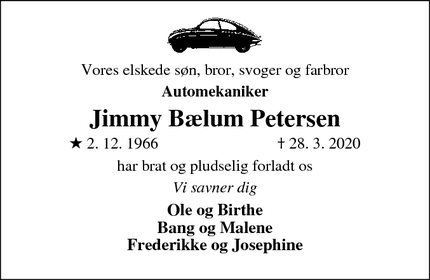 Dødsannoncen for Jimmy Bælum Petersen - Hårlev