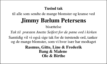 Dødsannoncen for Jimmy Bælum Petersens - Hårlev