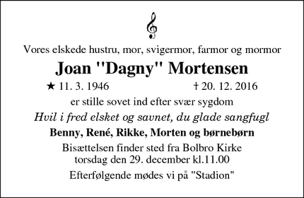 Dødsannoncen for Joan "Dagny" Mortensen - Bolbro