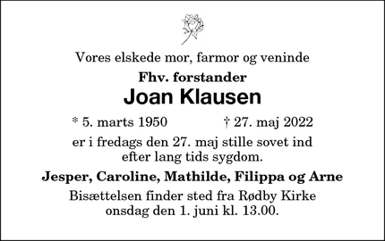 Dødsannoncen for Joan Klausen - Rødby