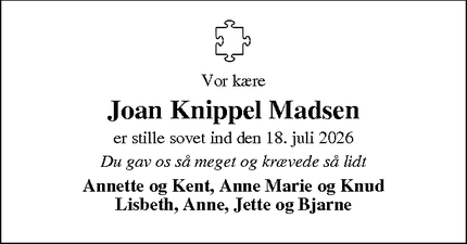 Dødsannoncen for Joan Knippel Madsen - Stavsø