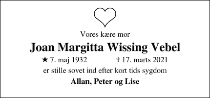 Dødsannoncen for Joan Margitta Wissing Vebel - Helsinge