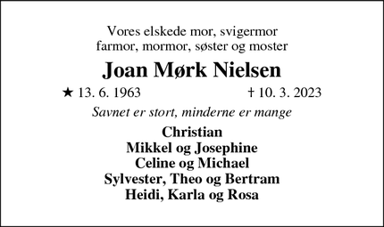 Dødsannoncen for Joan Mørk Nielsen - Skanderborg