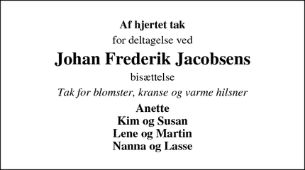 Taksigelsen for Johan Frederik Jacobsens - Aabenraa