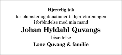 Taksigelsen for Johan Hyldahl Quvangs - Hammelev (6500 Vojens)