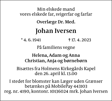 Dødsannoncen for Johan Iversen - København N