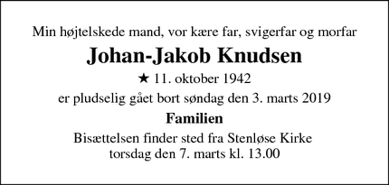 Dødsannoncen for Johan-Jakob Knudsen - Odense