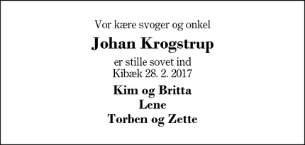 Dødsannoncen for Johan Krogstrup - Kibæk