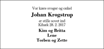 Dødsannoncen for Johan Krogstrup - Kibæk