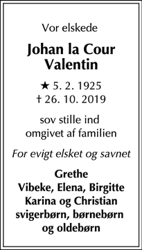 Dødsannoncen for Johan la Cour Valentin - Karlebo
