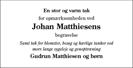 Dødsannoncen for Johan Matthiesens - Varde
