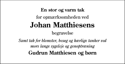 Dødsannoncen for Johan Matthiesens - Varde