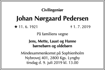 Dødsannoncen for Johan Nørgaard Pedersen - København