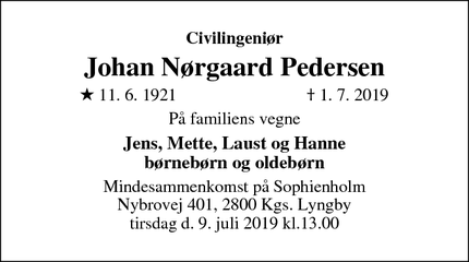 Dødsannoncen for Johan Nørgaard Pedersen - København