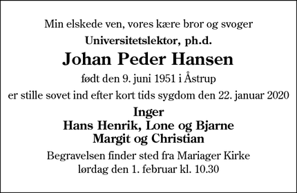 Dødsannoncen for Johan Peder Hansen - Glejbjerg