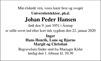 Dødsannoncen for Johan Peder Hansen - Glejbjerg