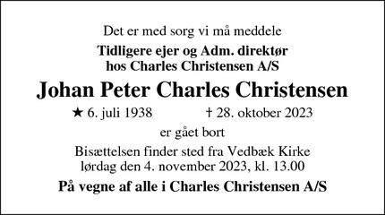 Dødsannoncen for Johan Peter Charles Christensen - Vedbæk