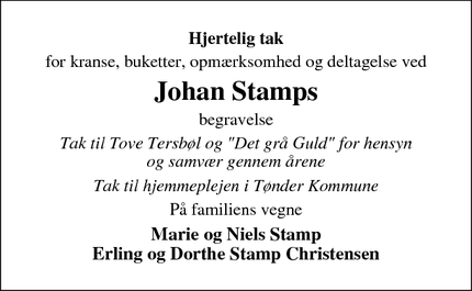 Dødsannoncen for Johan Stamps - Sønder Omme