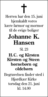 Dødsannoncen for Johanne K. Hansen - Hjordkær