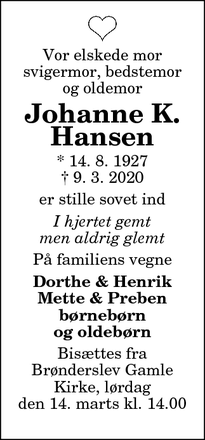 Dødsannoncen for Johanne K. Hansen - Brønderslev