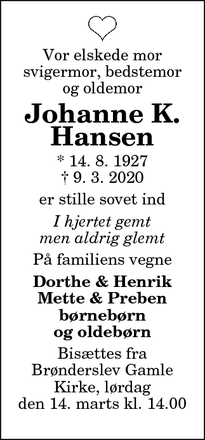 Dødsannoncen for Johanne K. Hansen - Brønderslev