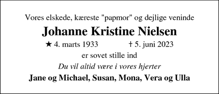 Dødsannoncen for Johanne Kristine Nielsen - Esbjerg