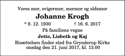 Dødsannoncen for Johanne Krogh - Nørager