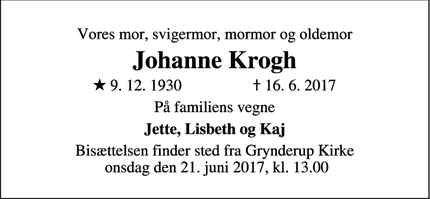 Dødsannoncen for Johanne Krogh - Nørager