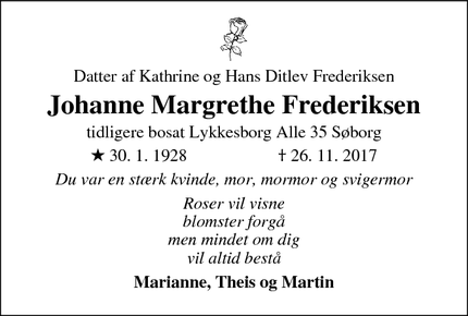 Dødsannoncen for Johanne Margrethe Frederiksen - Søborg