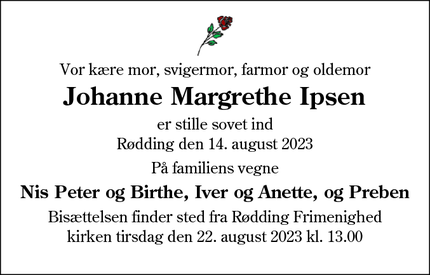 Dødsannoncen for Johanne Margrethe Ipsen - Rødding