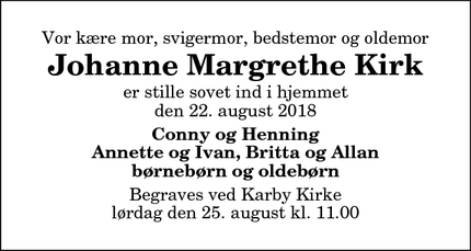Dødsannoncen for Johanne Margrethe Kirk - Karby