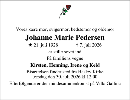 Dødsannoncen for Johanne Marie Pedersen - Haslev