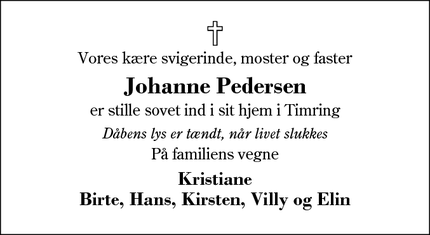 Dødsannoncen for Johanne Pedersen - Timring