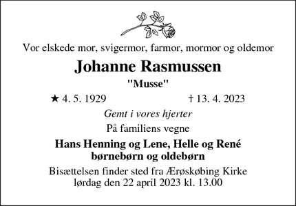 Dødsannoncen for Johanne Rasmussen - Ærøskøbing
