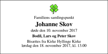 Dødsannoncen for Johanne Skov - Kirke Hyllinge