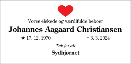 Dødsannoncen for Johannes Aagaard Christiansen - Vamdrup