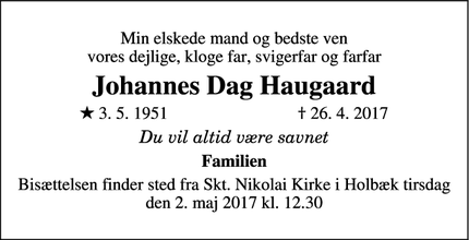 Dødsannoncen for Johannes Dag Haugaard - Holbæk