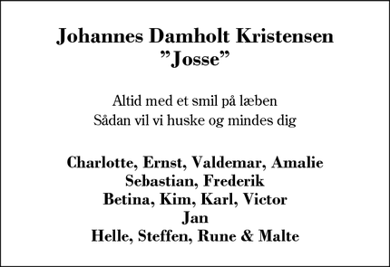 Dødsannoncen for Johannes Damholt Kristensen
”Josse” - Herning